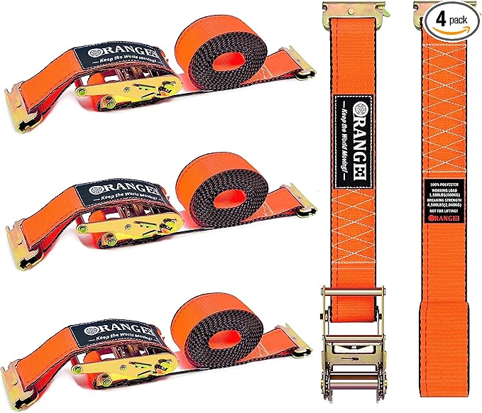 ORANGEE 4 Pack E Track Ratchet Strap 4500lb Breaking Strength for Container, Cargo Vans, Trailer Load Hi Visible Neon Orange Color