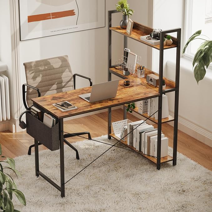 Treesland 40 Inch Computer Desk with Bookshelf, Corner Desk with Storage, L Shaped Desk, Home Office Desks, Writing Study Desk for Bedroom, Brown