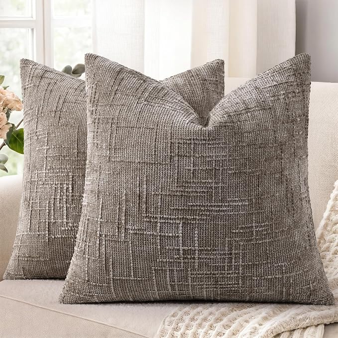 decorUhome Textured Chenille Throw Pillow Covers 22x22 Set of 2 Taupe | Fall Modern Farmhouse Soft Cozy Slubby Couch Pillow Cases Boho Decorative Pillow Cases for Bed Sofa Living Room Home Decor