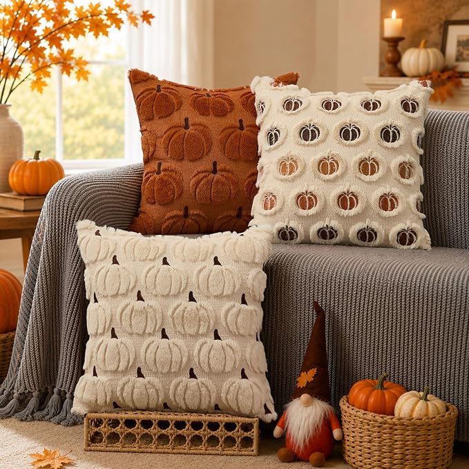 DFXSZ Fall Pillow Covers 18x18 2Pcs Beige Brown Pumpkin Fall Decorations | Fall decor Set of 2 Throw Pillow Cases Soft Plush Faux Fur Wool Couch Cushion for Chair Sofa Bedroom Living Room Home Decor