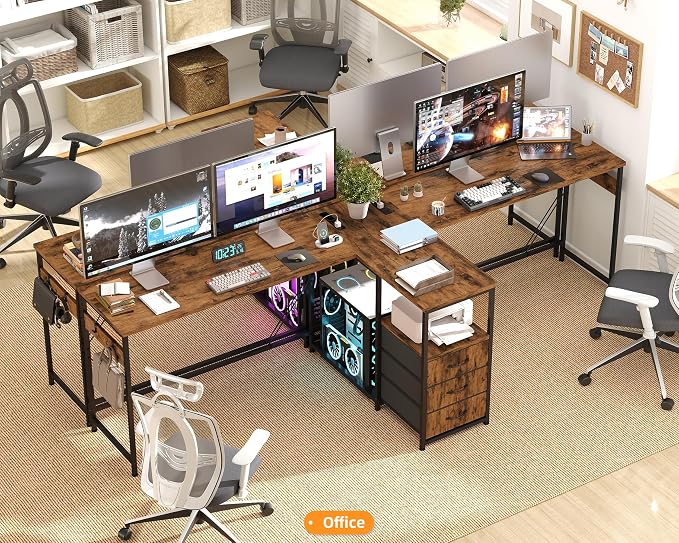 YOSHOOT 2 Person Computer Desk, 87" Long Gaming Desk for 2 People | Double Desk with 3 Fabric Drawers and 2 Power Outlets, Home Office Table for Adults and Teenagers, Rustic Brown