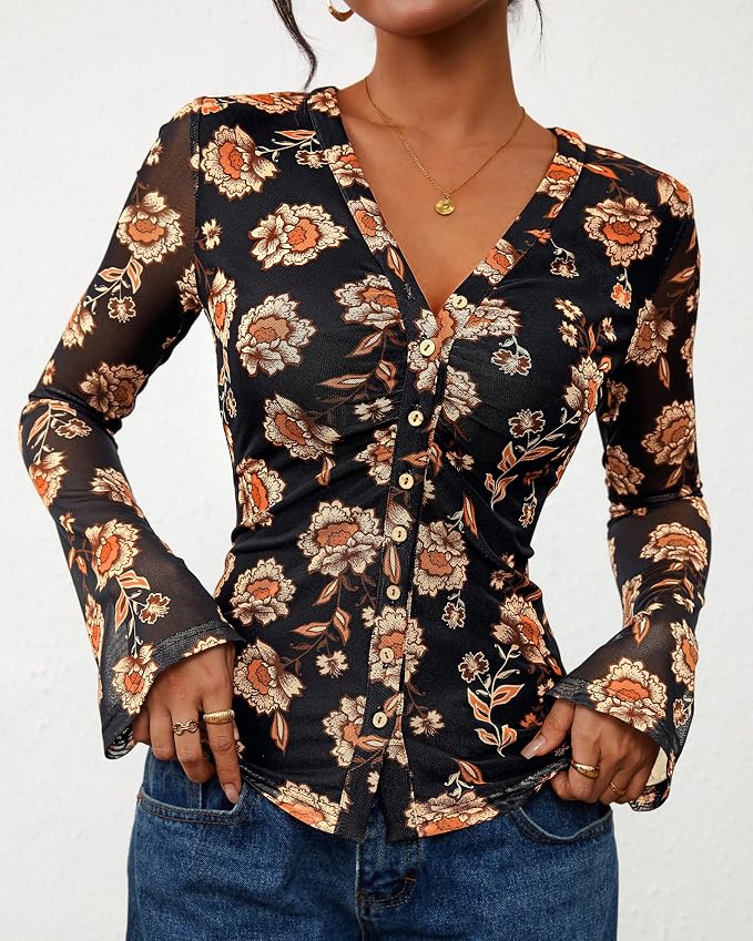 BTFBM Button Down Shirts for Women 2026 Fall Boho Tops V Neck Long Sleeve Blouses Ruched Mesh Fitted Fashion Clothing