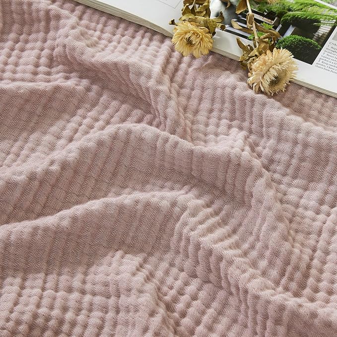EMME Cotton Muslin Queen Blanket Bed Layering Bedspread Coverlet Breathable Gauze Soft Lightweight Blankets (Heather Dusty Pink, 90"x90")