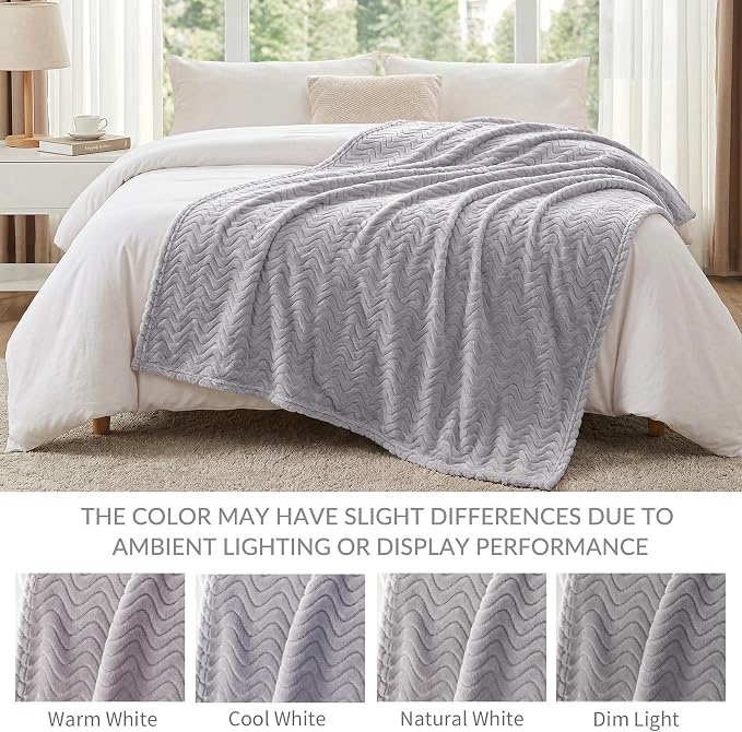 Exclusivo Mezcla Soft Fleece Blanket Queen Size for Bed, Sofa, Light Grey | 90"x90" Breathable Lightweight Flannel Blanket for Summer, Plush Cozy Jacquard Wave for Home Decor