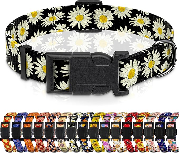 Dog Collar, Daisy Boys Girls Puppy Collar for Small Medium Large Dogs, Adjustable Soft Floral Pet Collar with Safety Buckle for Male Females(Black Daisy,L)