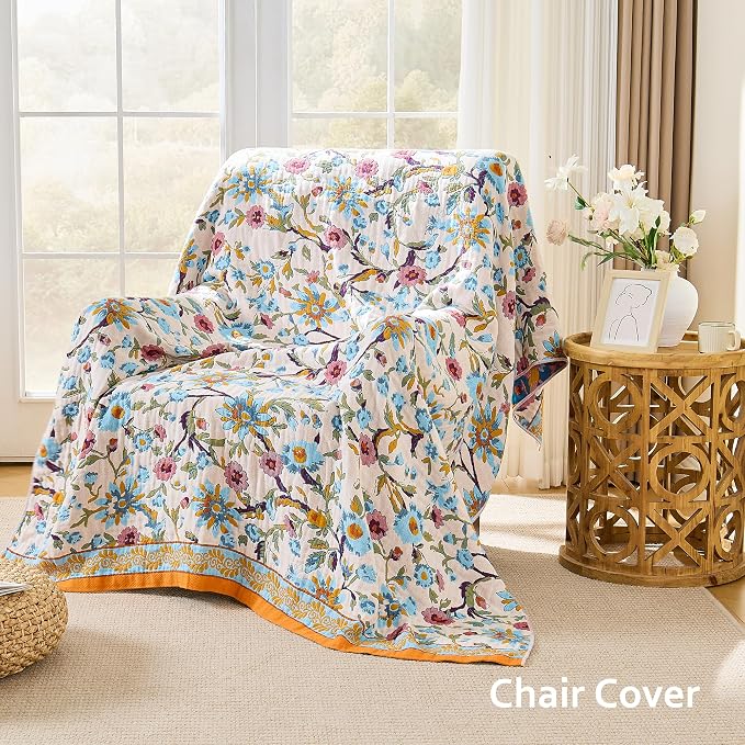 VANJOROY Boho Throw Blanket, 100% Organic Cotton Breathable Skin-Friendly Ultra Soft 50" x 60" Bed Quilt Throw - Floral Rustic Decor Luxury Reversible Blanket for Sofa Couch Chair and Gift,