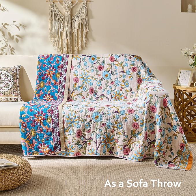 VANJOROY King Boho Throw Blanket, 100% Organic Cotton Breathable Skin-Friendly Ultra Soft 91" x 98" Bed Quilt Throw - Floral Rustic Decor Luxury Reversible Blanket for Sofa Couch Chair and Gift