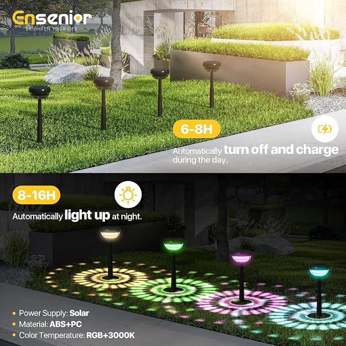 Ensenior Solar Pathway Lights IP65 Waterproof, RGB Color Changing & 3000K Warm White, 8-16Hr Runtime, Flower Pattern Garden Lights for Walkway Porch Yard - 6 Pack