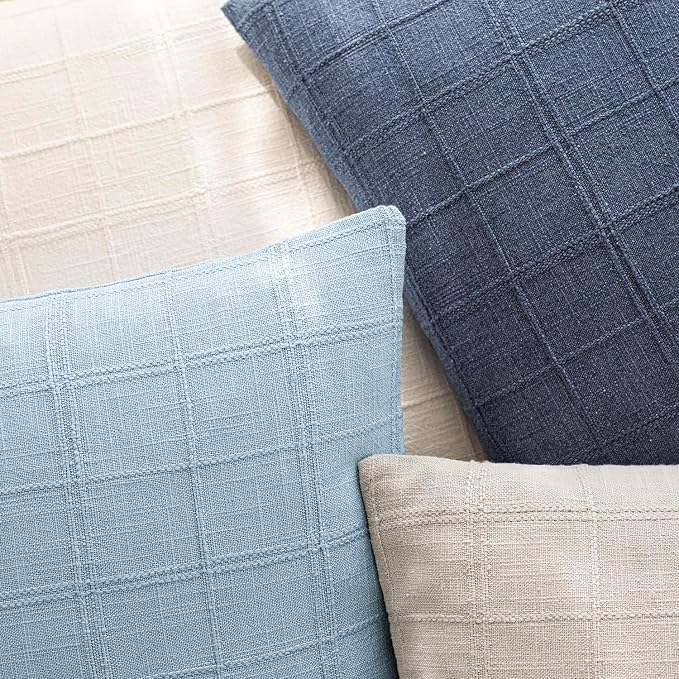 Foindtower Set of 2 Decorative Linen Check Throw Pillow Covers Neutral Farmhouse Vintage Cushion Covers Cozy Modern Boho Accent Home Decor for Sofa Chair Couch Bedroom Living Room,14×36 Inch,Sky Blue