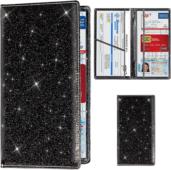 TOURSUIT Car Registration & Insurance Card Holder, Glitter Black | Vehicle License Document Organizer, Glove Box Compartment, Interior Car Accessories, For Women Men