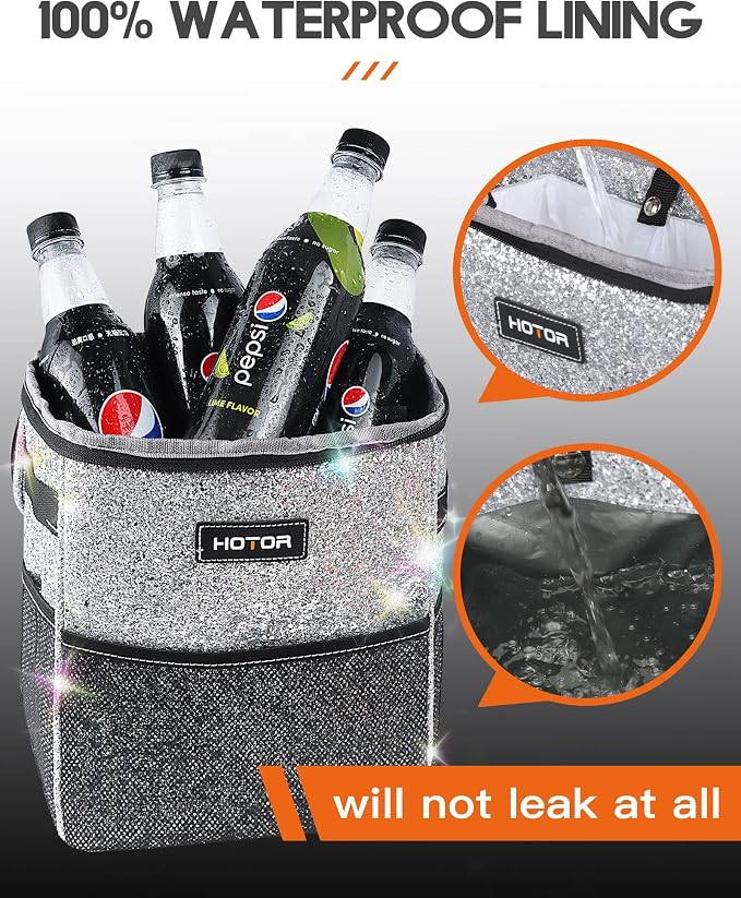 HOTOR Car Trash Can with Lid and Storage Pockets - 100% Leak-Proof Organizer, Waterproof Garbage Can, Multipurpose Trash Bin for Car, 2 Gallons, Sparkle White