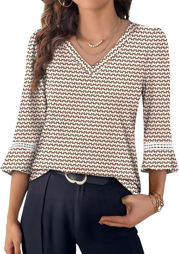 WIHOLL Womens Blouses Dressy Casual 3/4 Length Sleeve Tops Lace Trendy 2026 Spring Summer V Neck Shirts Vacation Outfits