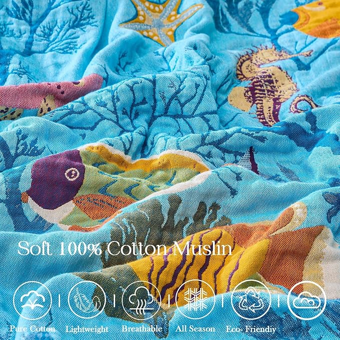 XIBLC Boho Throw Blanket 100% Cotton Vintage Blanket Muslin Woven Flower Decorative Throw Blankets All Season Bohemian Rustic Farmhouse Decor Quilt for Bed (Blue 90"x98")