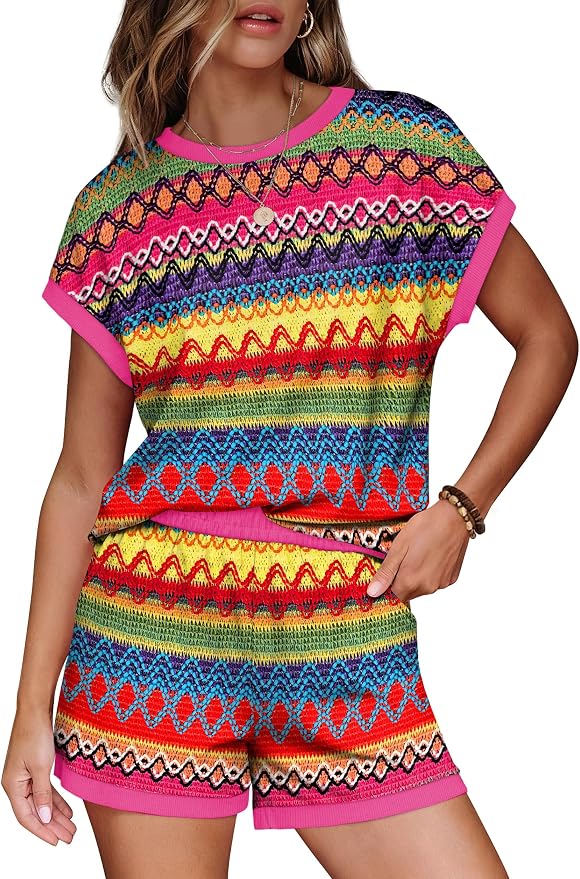 WIHOLL Two Piece Sets for Women Summer Lounge Short Sets Cap Sleeve Crew Neck Sweatsuit with Pocket XS-2XL