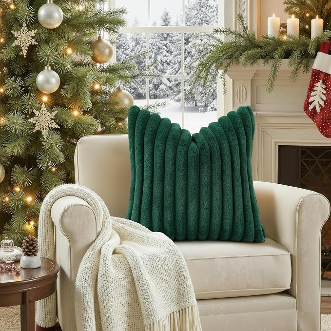 decorUhome Fall Faux Fur Throw Pillow Covers 24x24 Set of 2 Christmas Green | Decorative Soft Cozy Striped Plush Modern Farmhouse Boho Couch Pillow Cases Velvet Back for Sofa Bed Living Room Home Decor