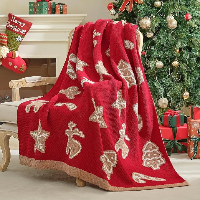 Christmas Knit Throw for Couch, Reversible Soft Cozy Chenille Blanket for Home Decor Gift for Family, 50" x 60", Christmas Gingerbread Cookie
