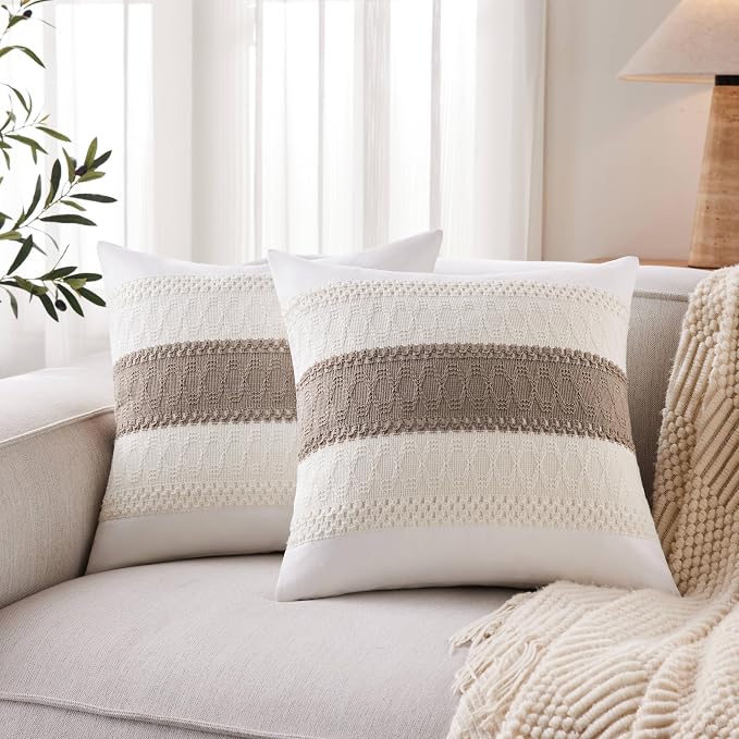 2pk Boho Pillow Covers 18x18, Natural White/Contrast/Cocoa Brown | 100% Organic Cotton Body, Stripe Embroidery, Farmhouse Decorative Cushion Covers for Sofa Bed Living Room Home Decor