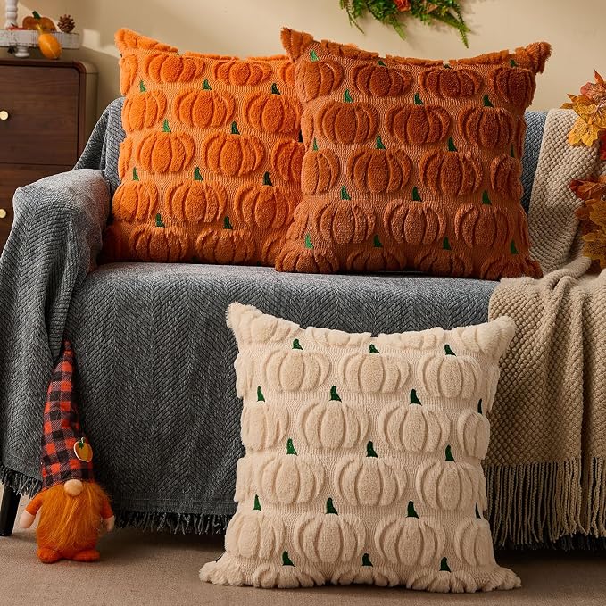 DFXSZ Fall Pillow Covers 18x18 2Pcs Rust Green Pumpkin Fall Decorations | Fall decor Set of 2 Throw Pillow Cases Soft Plush Faux Fur Wool Couch Cushion for Chair Sofa Bedroom Living Room Home Decor