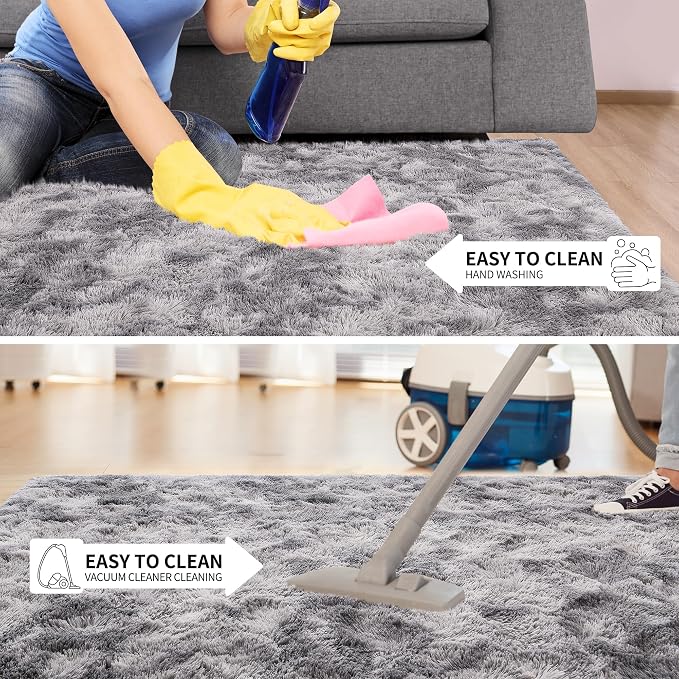 Tepook Area Rugs 10x14 for Living Room, Super Soft Fluffy Rugs for Bedroom, Modern Shaggy Rug Fuzzy Carpets for Kids, Plush Indoor Nursery Home Decor Rug with Non-Slip Bottom, Tie-Dyed Light Grey
