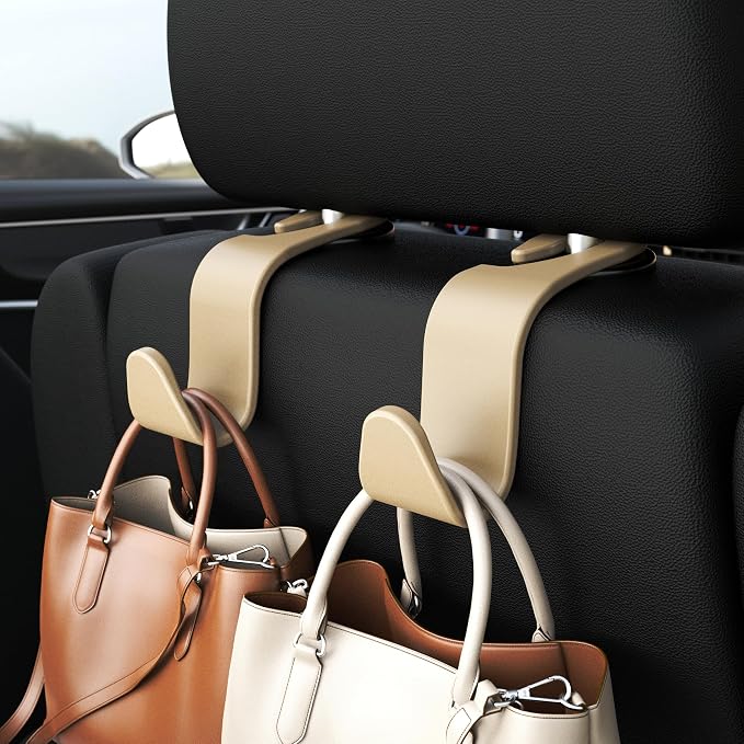 Amooca 4-Pack Car Headrest Hooks –Holds 55lbs Vehicle Storage Organizer for Purses Handbags Groceries Coats 360° Rotating Simple Design Beige