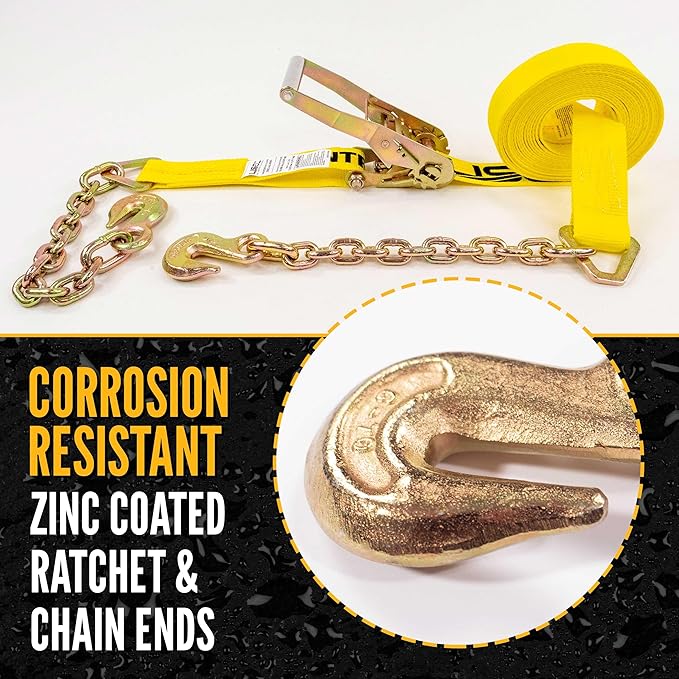 US Cargo Control Chain Ratchet Straps, 2 Inch x 27 Foot (2-Pack), 10,000 LBS Break Strength, Heavy Duty Ratchet Straps with Chains Ends & Grab Hooks, Flatbed Straps with Chains for Heavy Equipment