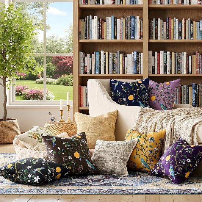 MUSSEL Purple Floral Vintage Decorative Pillow Covers 18x18 Set of 2 | Soft Velvet,Wild Flower Plant,Throw Pillows Case,Square,Colorful Farmhouse Cushion Covers,Home Sofa Bed Couch Decor