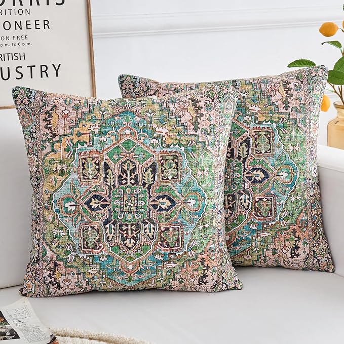 Boho Throw Pillow Covers 16x16 inch Set of 2,Boho Vintage Carpet Pattern Antique Ethnic Decor Double Sided Pattern Cushion Cover Soft Pillow Case Living Sofa Room Bed Square Pillow Cover