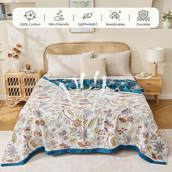 VANJOROY Boho Throw Blanket, 100% Organic Cotton Breathable Skin-Friendly Ultra Soft Bed Quilt Throw - All Season Floral Farmhouse Décor Luxury Blanket for Sofa Couch Chair and Gift. 80" x 90"