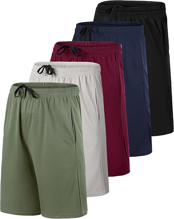 5 Pack Men's Mesh Shorts Athletic Basketball Sports Gym Workout Pockets | Cooling Moisture-Wicking, 9", Long, Quick-Dry, Breathable, Elastic Drawstring Waistband. Running, Exercise, Soccer, Training.