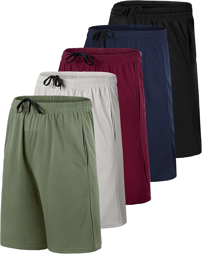 5 Pack Men's Mesh Shorts Athletic Basketball Sports Gym Workout Pockets | Cooling Moisture-Wicking, 9", Long, Quick-Dry, Breathable, Elastic Drawstring Waistband. Running, Exercise, Soccer, Training.