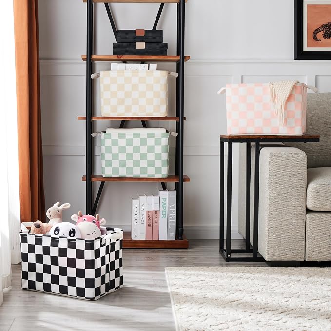Ohocut Beige White Checkered Canvas Basket, Rectangular Organizing Decorative Storage Basket for Kids Dog Toy, Cute Aesthetic Race Cars Boy Room Decor for Home, Kitchen, Bedroom, Classroom, Shelves