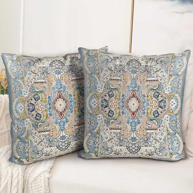 Boho Floral Throw Pillow Covers 20x20 inch Set of 2,Blue Boho Rug Geometric Floral Pattern Decor Double Sided Pattern Cushion Cover Soft Pillow Case Living Sofa Room Bed Square Pillow Cover