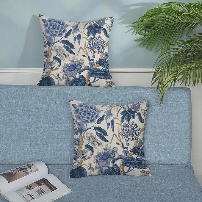Blue Pillow Covers 22x22 Inch Set of 2 Vintage Blue Floral Throw Pillows Chinoiserie Flower Decorative Pillow Cases Outdoor Linen Farmhouse Cushion Cover for Couch Home Sofa Bed Decorations