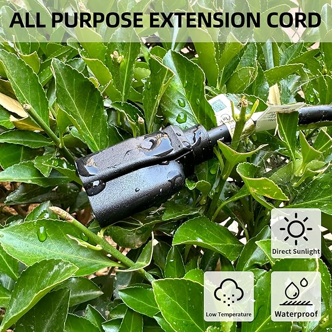 YOJOE Indoor Outdoor Extension Cord, 3 Prong 13A Weatherproof Power Cord, 16 Gauge Heavy Duty 10 ft Black Extension Cord for Garage, Garden and Home, 16/3 SJTW UL Listed