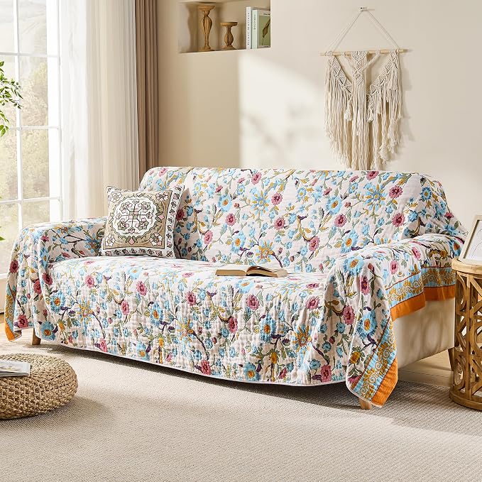 VANJOROY Boho Throw Blanket, 100% Organic Cotton Breathable Skin-Friendly Ultra Soft 80" x 90" Bed Quilt Throw - Floral Rustic Decor Luxury Reversible Blanket for Sofa Couch Chair and Gift,