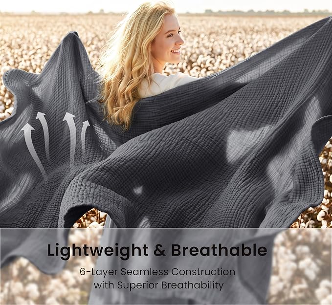 Love's cabin 100% Cotton Muslin Blanket, 6 Layer Lightweight Breathable Gauze Throw Blanket 50 x 60 Inches, Soft All Season Blanket for Couch, Bed, Sofa, Dark Grey