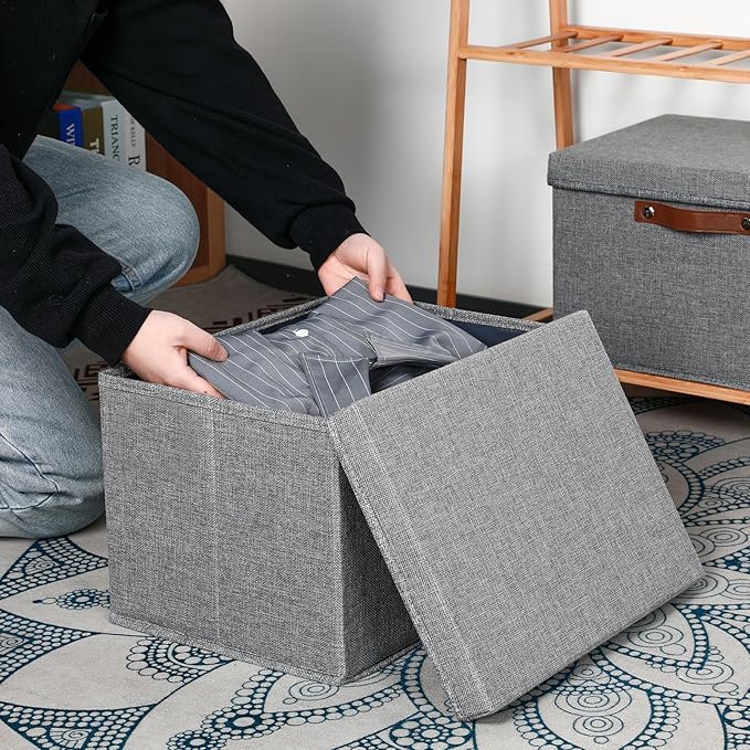 Temary Storage Bins with Lids 2-Pack Large Foldable Storage Baskets with Lid, Fabric Storage Bin for Organizing Home (Grey, 15x11x9.5inch)