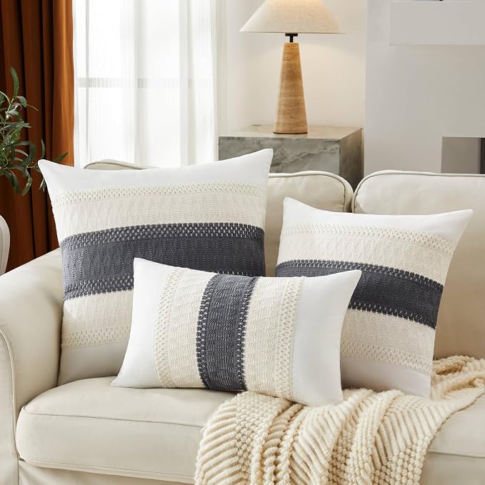 2pk Boho Pillow Covers 16x16, Natural White/Contrast/Charcoal | 100% Organic Cotton Body, Stripe Embroidery, Farmhouse Decorative Cushion Covers for Sofa Bed Living Room Home Decor