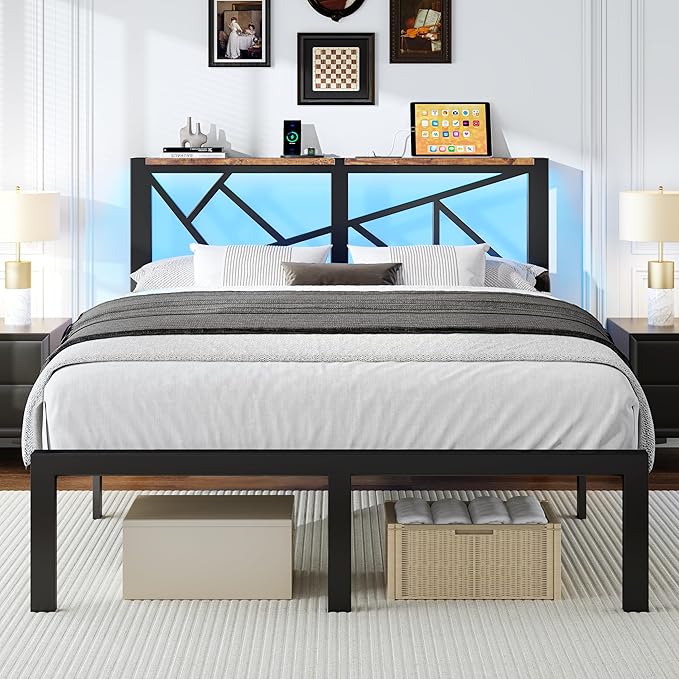 Queen Size Black Metal Bed Frame with USB Charging Station, LED Ambient Lighting, and Wooden Storage Headboard - Includes Under-Bed Storage, No Box Spring Needed, Noise Free, Easy Assembly