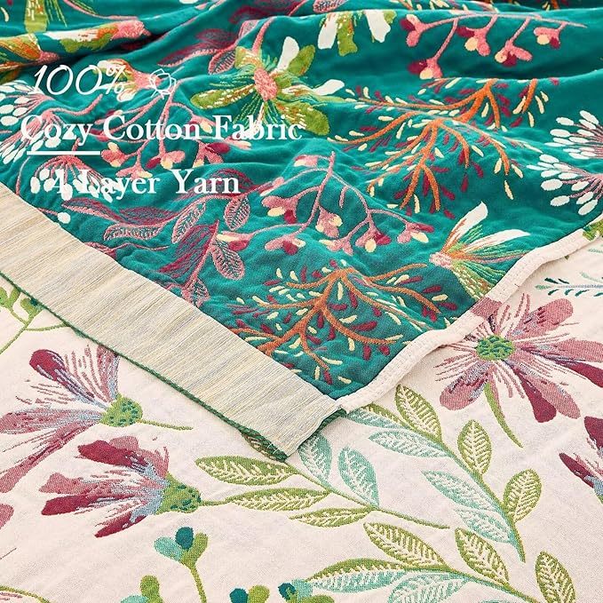 XIBLC Boho Throw Blanket for Bed, 100% Cotton Soft Rustic Quilt Fall Blanket, 90"x98" Floral Printed Farmhouse Decor Bed Blankets, All Season Rustic Reversible Bohemian Throw Quilt