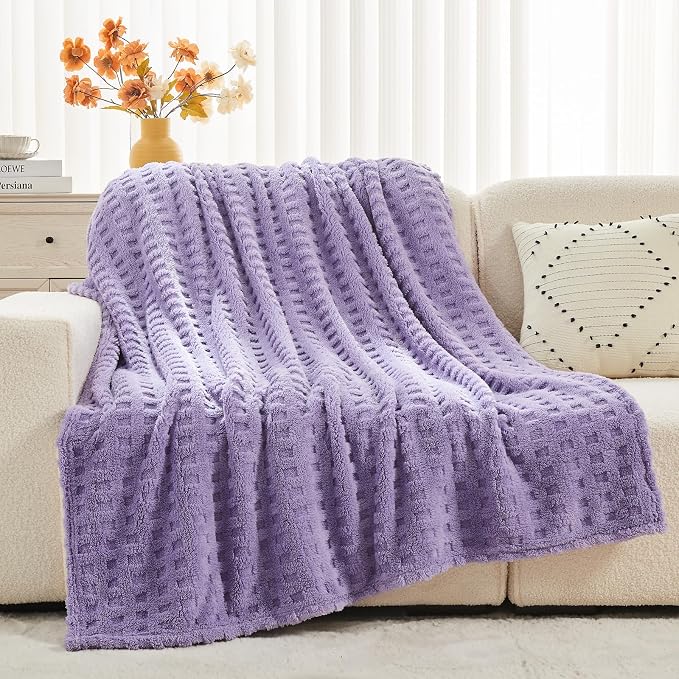 NEWCOSPLAY 3D Waffle Checkered Flannel Throw Blanket, Lavender, 50"x70" | Super Soft Cute Lightweight Decorative Premium Silky Fleece Blanket for Couch Sofa Bed, Gift for Women Men, All Season Use