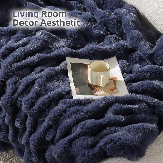 Faux Rabbit Fur Throw for Couch - Navy Blue Bubble Blanket 60"x80" | Fluffy Plush Fuzzy Throw for Sofa & Bed, Super Soft Cozy Comfrt Blanket, Luxury Aesthetic Navy Blue Decor Gift for Women