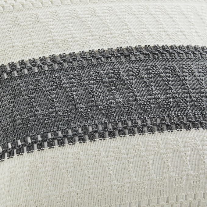 2pk Boho Pillow Covers 20x20, Natural White/Contrast/Charcoal | 100% Organic Cotton Body, Stripe Embroidery, Farmhouse Decorative Cushion Covers for Sofa Bed Living Room Home Decor