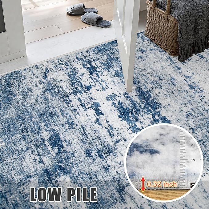 Washable Area Rug 3x5 Entryway Rug: Washable Modern Abstract Soft Thin Rug Indoor Floor No Slip Stain Resistant Carpet for Bedroom Dining Room Farmhouse Nursery Home Office - Blue
