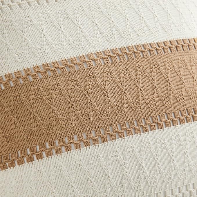 2pk Boho Pillow Covers 12x20, Natural White/Contrast/Brown | 100% Organic Cotton Body, Stripe Embroidery, Farmhouse Decorative Cushion Covers for Sofa Bed Living Room Home Decor