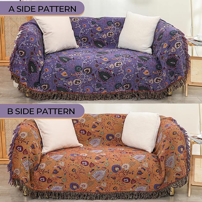 Boho Fall Throw Blanket for Bed Purple Flowers，100% Ultra Cotton Soft Breathable Bed Throw Floral Printed Farmhouse Decor Rustic Bed Throws for Couch Sofa Quilt 80" x 90"