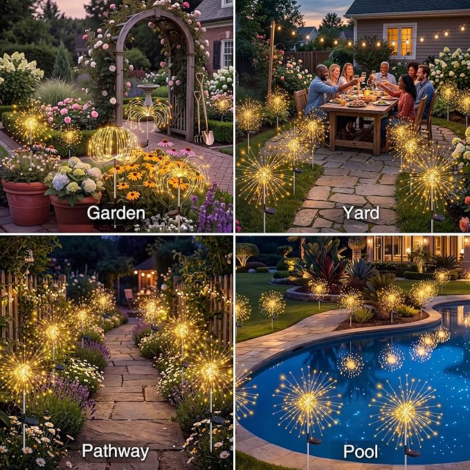 btfarm 8 Pack Solar Garden Lights, Firework Lights Solar Powered-Warm White | 120LED 8 Mode Waterproof Twinkle Fairy Light Outdoor Outside for Yard Pathway Lawn Pool Patio Christmas Decorative