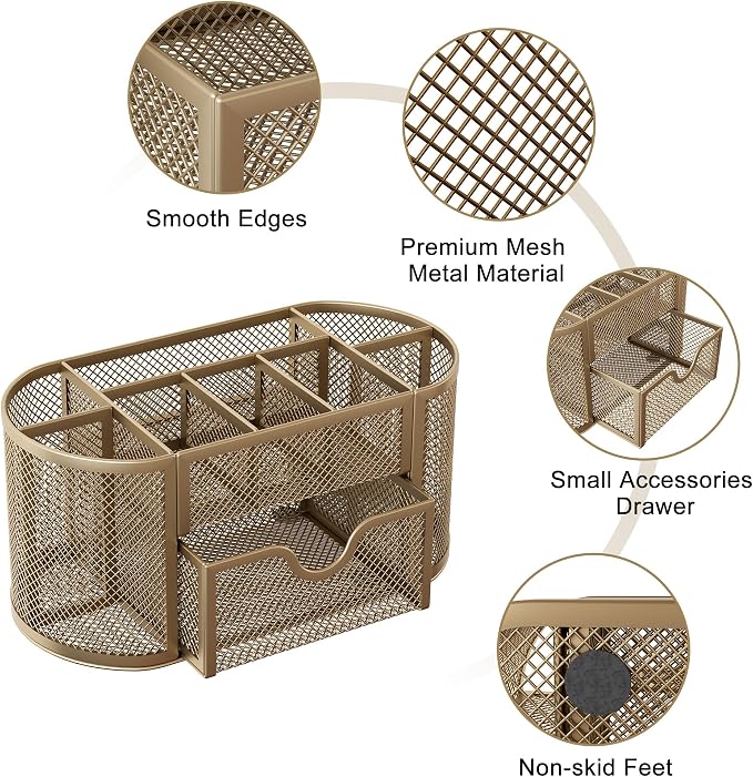 EasyPAG Mesh Pen Holder Desk Organizer with Drawer Stationery Supplies Organizer for Dorm School 9 Compartments Workspace Desk Accessories Organization for Office, Gold