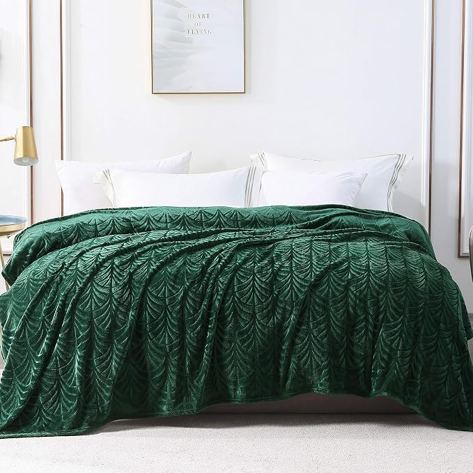 Whale Flotilla Soft Flannel Fleece Bed Blanket Queen Size, Emerald Green | Cozy Lightweight Breathable Coverlet, Plush Fluffy Bedspread, Vintage Pattern Decorative Blanket for Bed, All Season, 90"x90"