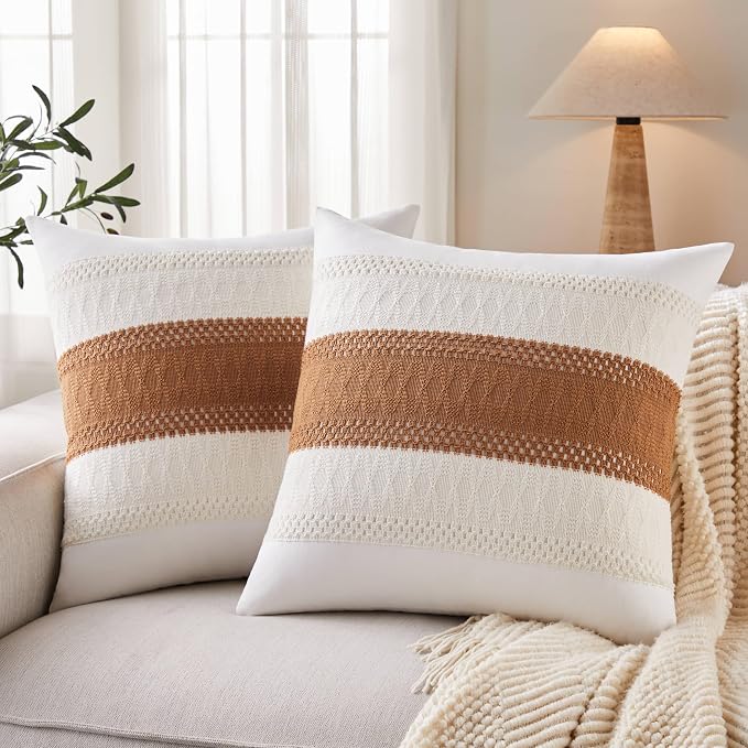 2pk Boho Pillow Covers 22x22, Natural White/Contrast/Caramel | 100% Organic Cotton Body, Stripe Embroidery, Farmhouse Decorative Cushion Covers for Sofa Bed Living Room Home Decor